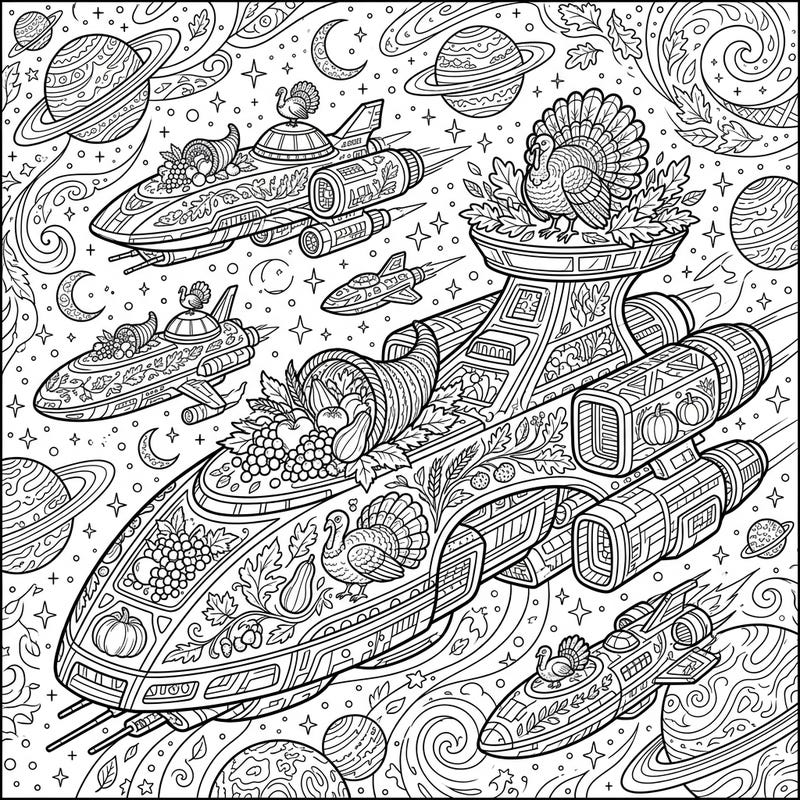 Embark on an out-of-this-world coloring journey with our unique Thanksgiving Colony Ships template. This intricate design blends futuristic spacecraft with traditional harvest abundance, offering a truly original creative experience.
