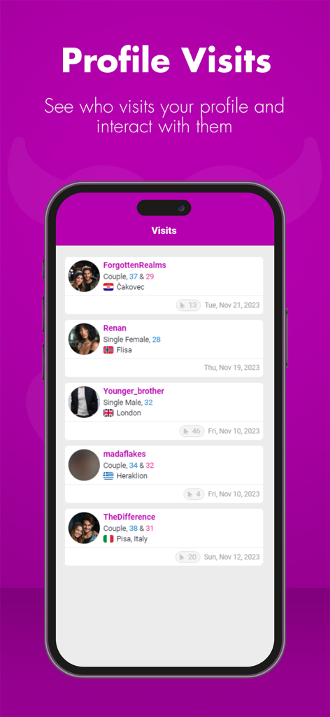 SpicyMatch - Schermata dell'app SpicyMatch che mostra un elenco di visitatori recenti del profilo, tra cui coppie e single da diverse località.