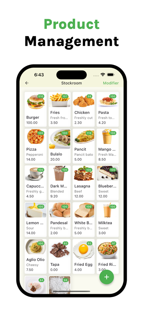 VendPOS - Interface do aplicativo móvel VendPOS mostrando uma grade de produtos com preços e níveis de estoque.