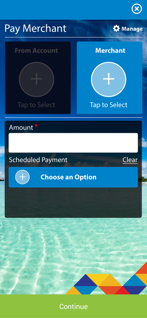 Pay Merchant screen in the ACB Mobile banking app with a tropical background