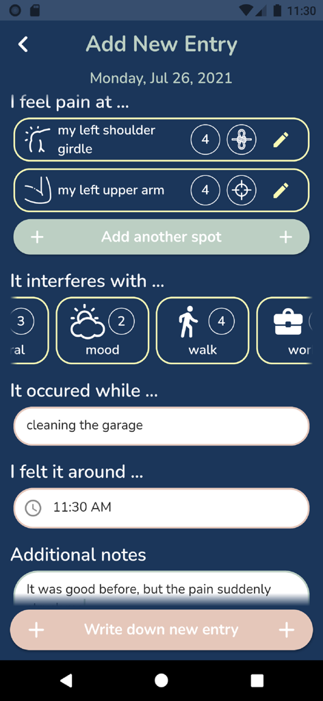 My Fibro Journal - Add New Entry screen in the My Fibro Journal app showing pain tracking details.