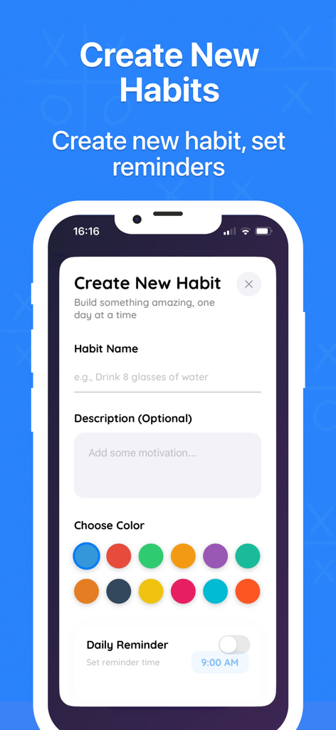 Interface of the HabitX app showing how to create a new habit with name color selection and daily reminders