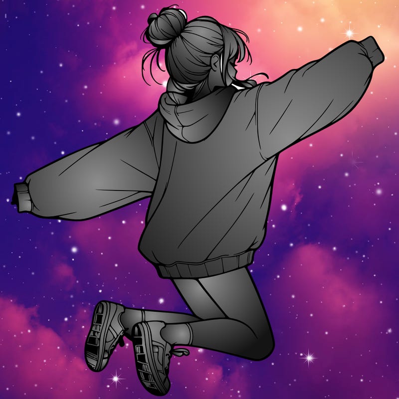 realistic girl jumping with a bun and oversized sweatshirt