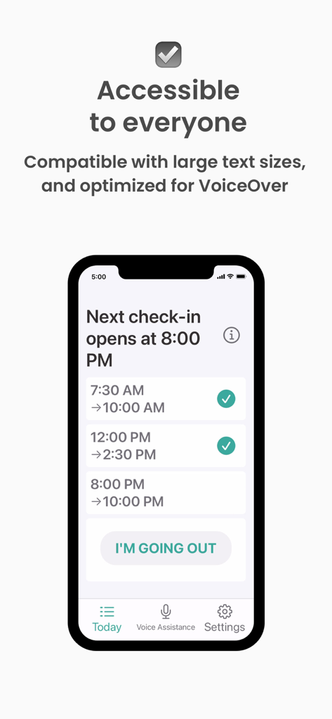 Dooinwell – Daily Check-in - Dooinwell app interface showing large text accessibility and daily check-in schedule
