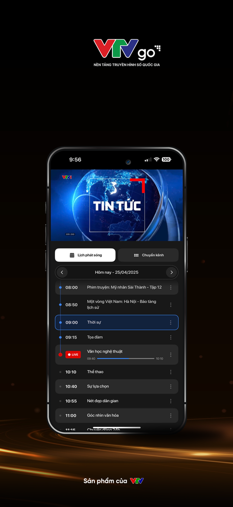 VTV Go Truyền hình số Quốc gia - VTV Go app interface showing the Vietnamese national television broadcast schedule and a news program.