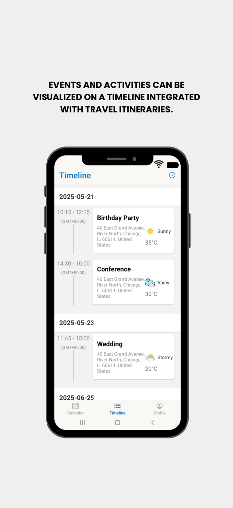 Weather-Calendar - Weather-Calendar app timeline view displaying a chronological list of events with integrated weather forecasts and location details