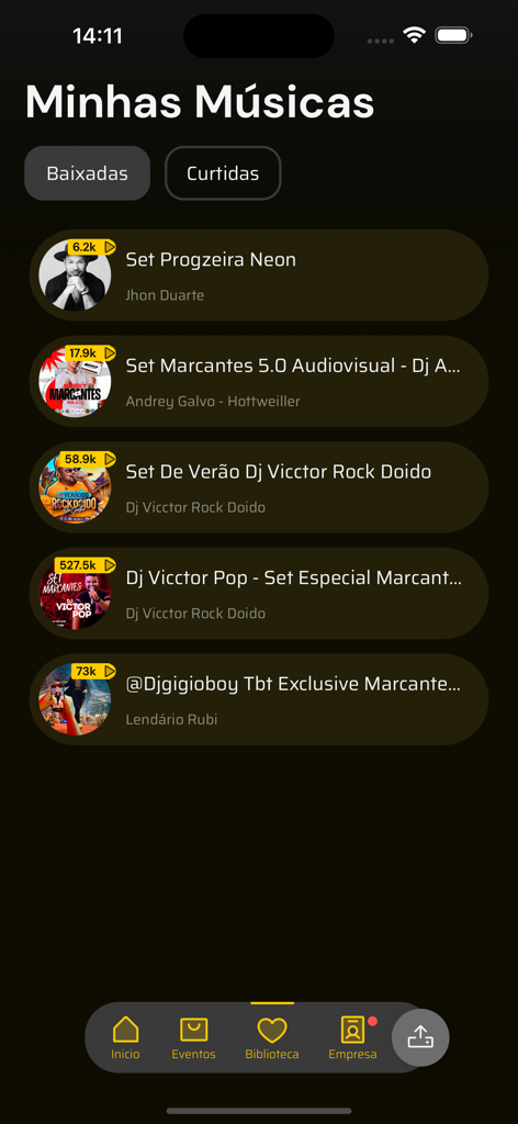 RockDoido app interface showing the My Music section with a list of downloaded DJ sets
