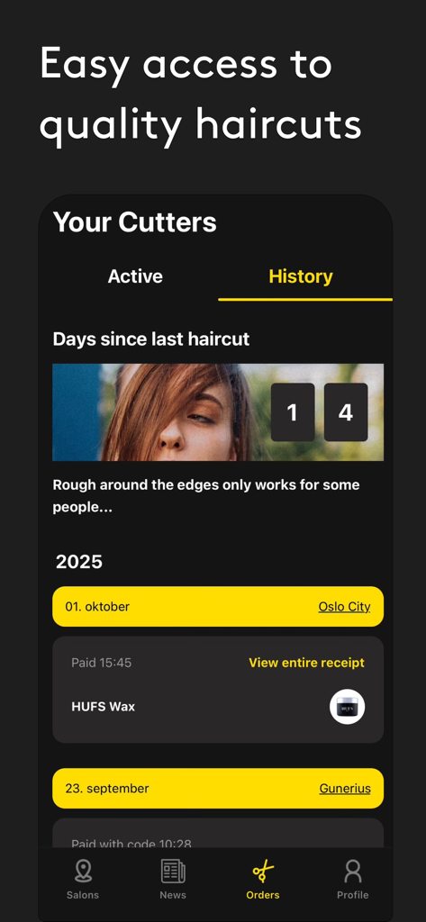 Uma captura de tela do app Cutters mostrando o histórico de cortes de cabelo do usuário, dias desde o último corte e recibos digitais de serviços de cabelo e produtos.