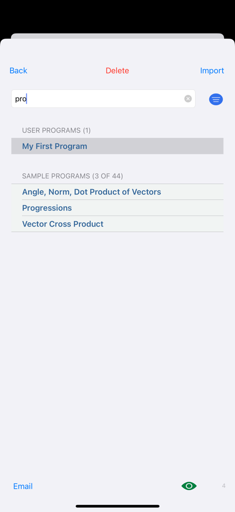 A list of user and sample mathematical programs within the RPN-32 CE scientific calculator app.