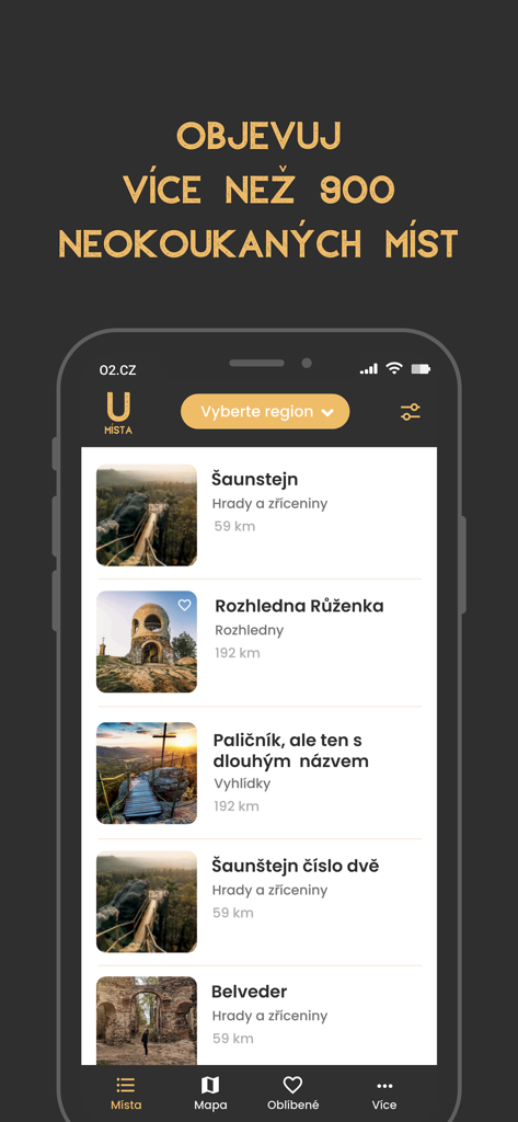Mobile app interface showing a list of curated travel destinations in the Czech Republic with photos and distance info