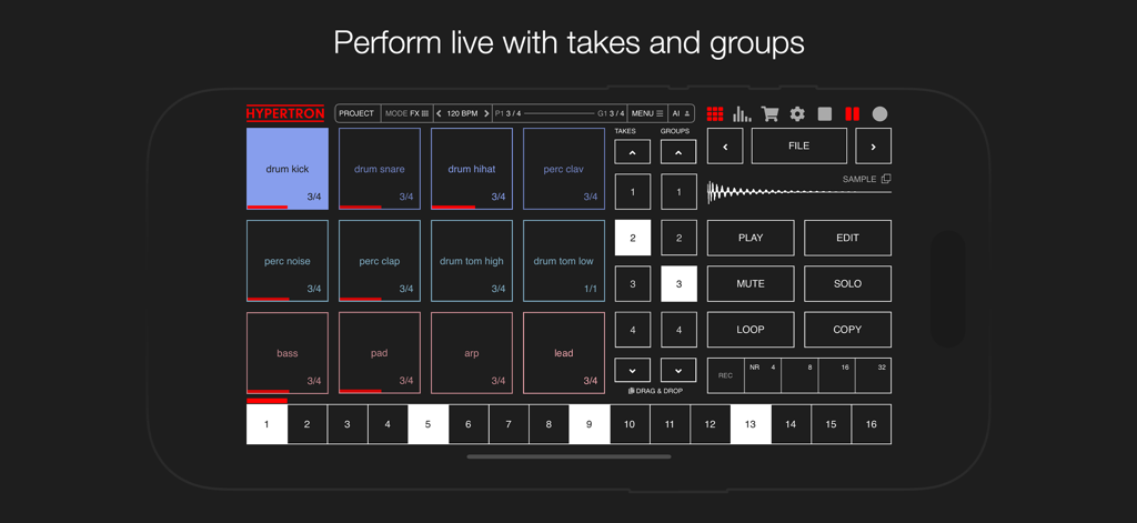 Hypertron - Interfaz de la app móvil Hypertron mostrando pads de performance para producción musical en vivo