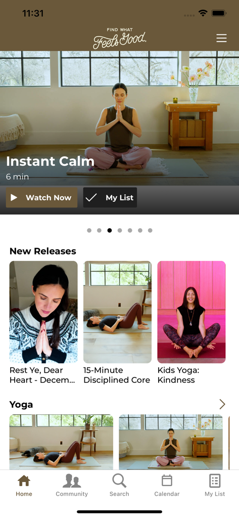 Home screen of the Find What Feels Good Yoga app featuring a featured video titled Instant Calm and various yoga class categories.