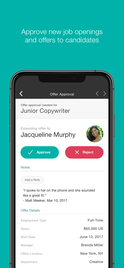 Greenhouse Recruiting - Greenhouse Recruiting mobile app interface showing a job offer approval screen for a candidate with approve and reject buttons