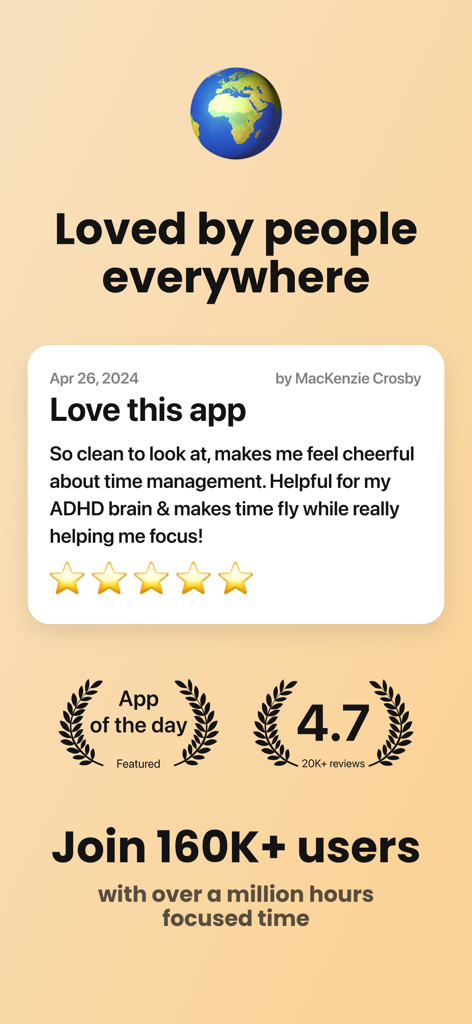 Emphasis: Flow & Focus Timer - A promotional screen for Emphasis Flow and Focus Timer showing a five-star user review and a four point seven star rating with over twenty thousand reviews.