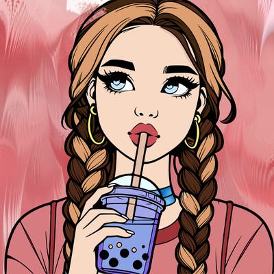 realistic girl with braided hair drinking boba