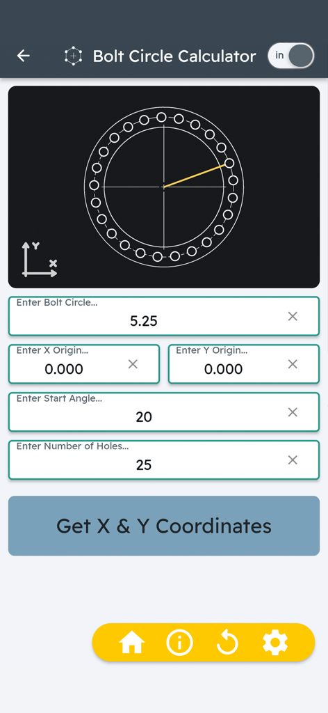 Bolt circle calculator interface for CNC machinists showing input fields for diameter and hole count