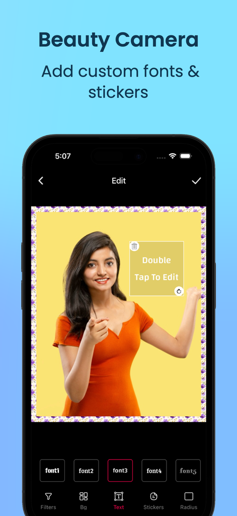 Beauty Camera: Selfie, Sticker - Interface of the Beauty Camera app showing options to add custom fonts and text to a portrait photo.