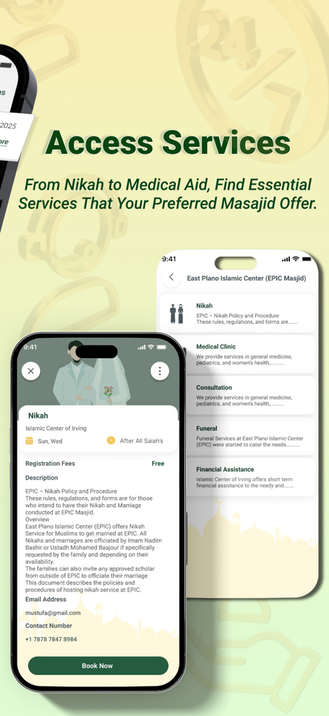 CMZ (ConnectMazjid) - Events - ConnectMazjid app interface showing various community services offered by masjids such as Nikah and medical clinics