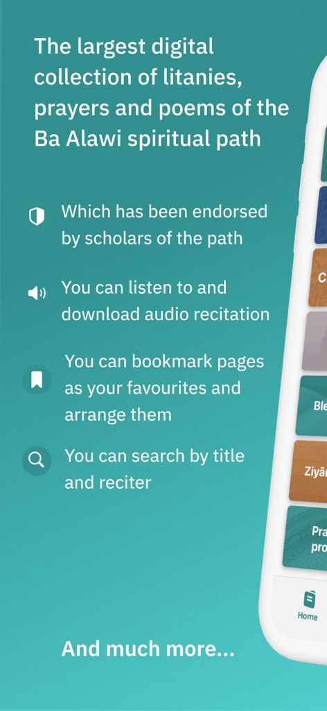 BaAlwi - BaAlwi app screen highlighting features like audio recitations scholar endorsement and bookmarking for islamic litanies and prayers