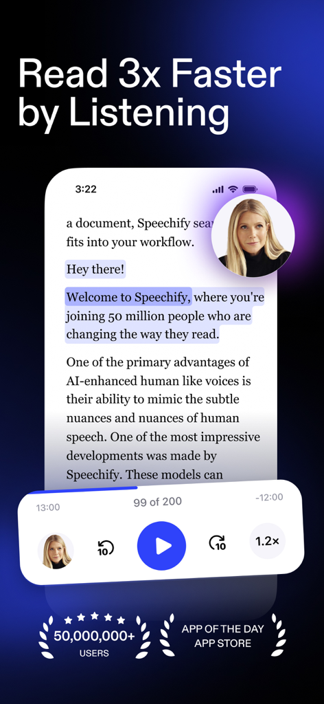Interfaccia dell'app Speechify che mostra l'evidenziazione del testo e la selezione di voci di celebrità con controllo della velocità