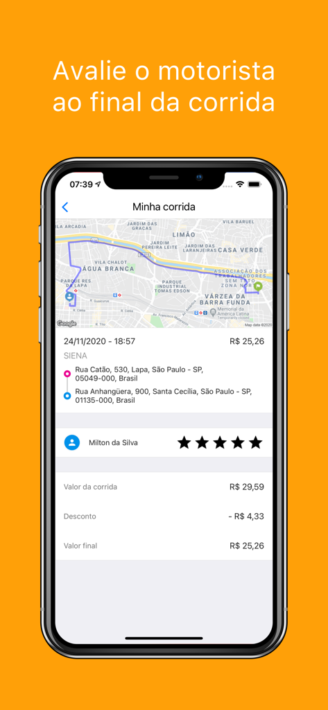 Wappa: Táxi e Carro Particular - Wappa app interface showing a completed ride summary with a map route, price breakdown, and driver rating option.