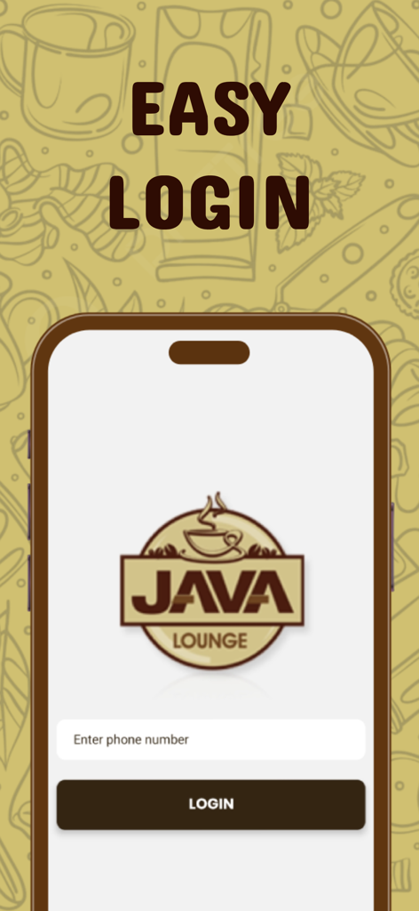Login screen of the Java Lounge app showing phone number entry for easy access.