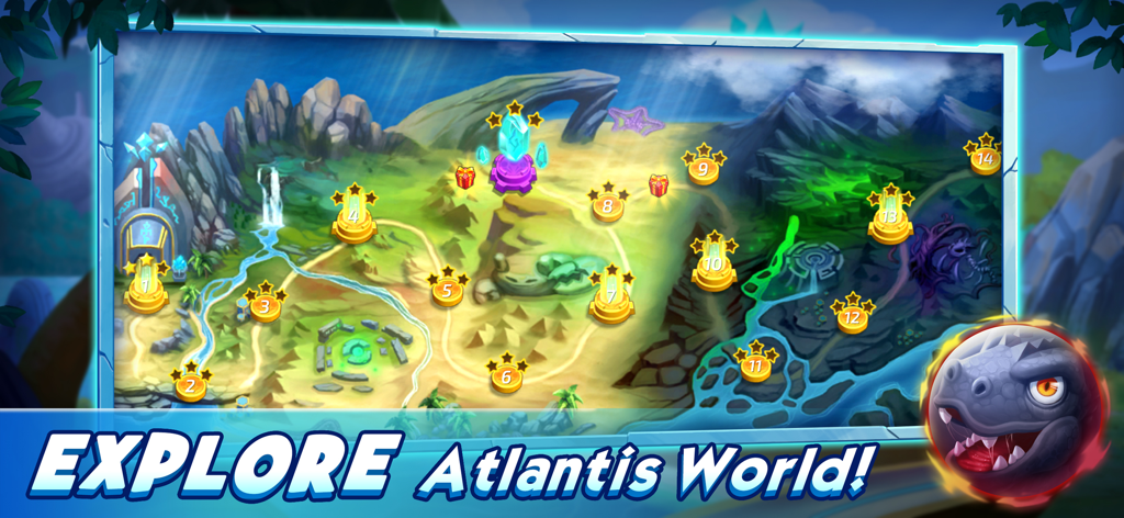 Atlantisor - Marble Blast - Atlantisの世界で、様々な番号のステージと星評価が表示されたゲーム内レベル選択マップ。