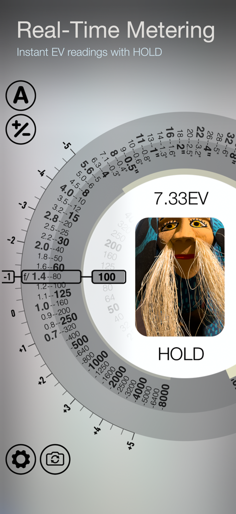 Light Meter Wheel app interface showing real-time exposure metering and EV readings on a circular dial