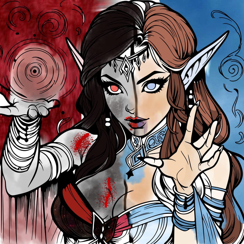 realistic scary beautiful elf sorceress casting spell