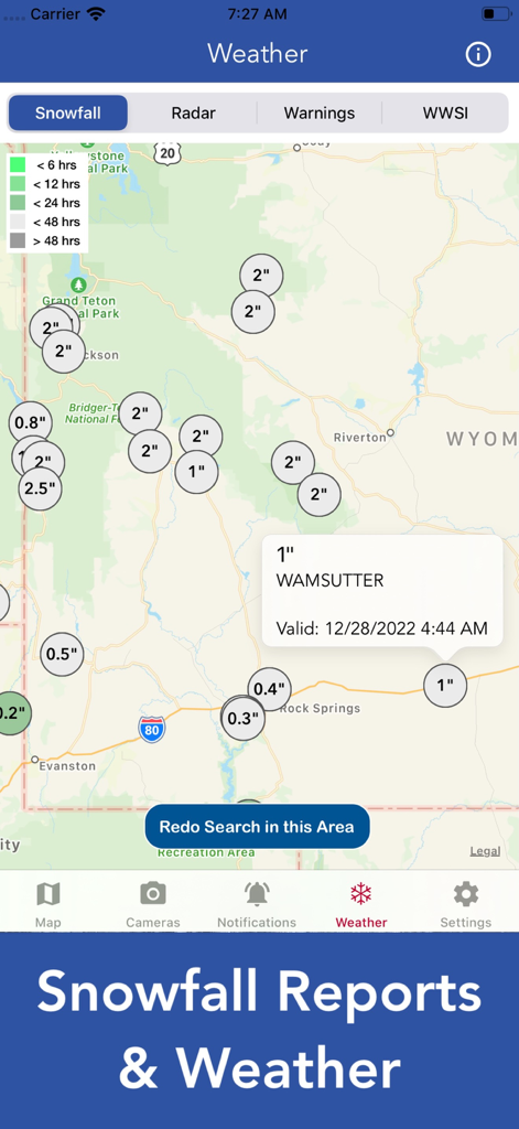 Um mapa do Wyoming dentro do aplicativo mostrando relatórios de nevascas e alertas meteorológicos em tempo real.