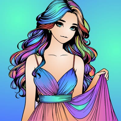 realistic girl in flowy silky prom dress