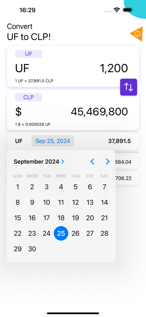 UF CLP - UF to CLP currency converter interface with September 2024 date picker