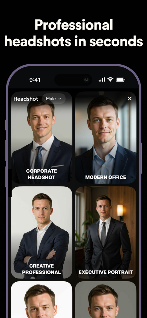 AI Photos - AI Photo Generator - Four examples of AI-generated professional headshots for men in corporate and executive styles.