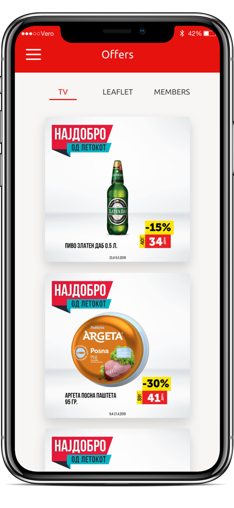 Super Vero - Super Vero mobile app screen displaying current grocery offers and discount labels