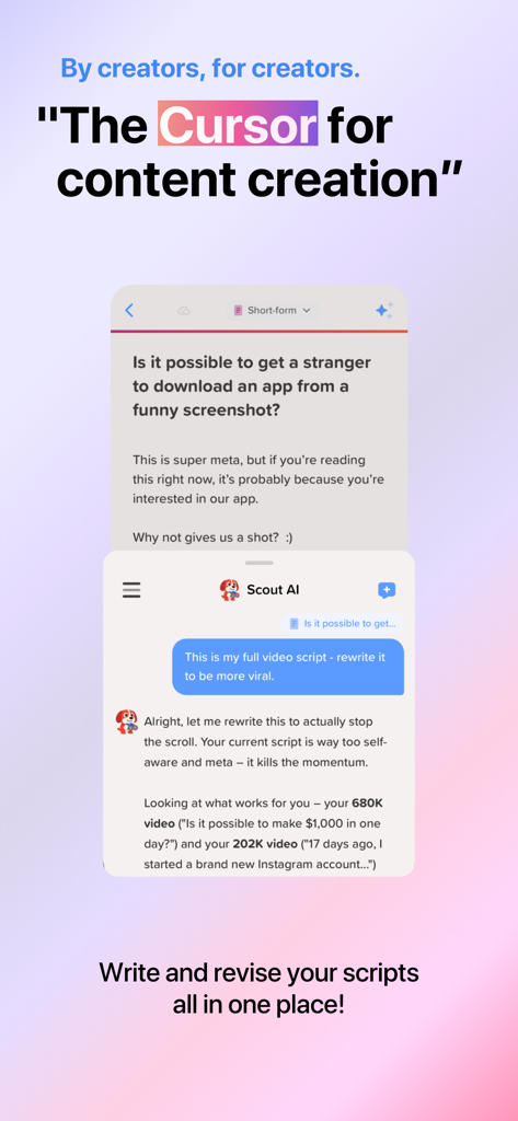 AI支援によりバイラル動画スクリプトの作成と修正を行うScout AIアプリのインターフェース