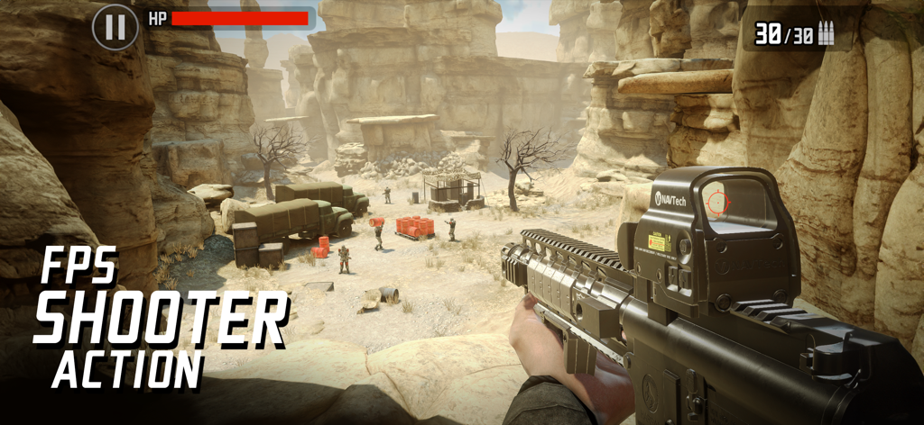 Zombie Sniper War 3D: Dead FPS - Perspectiva de tirador en primera persona con un rifle táctico en una base militar en un cañón desértico