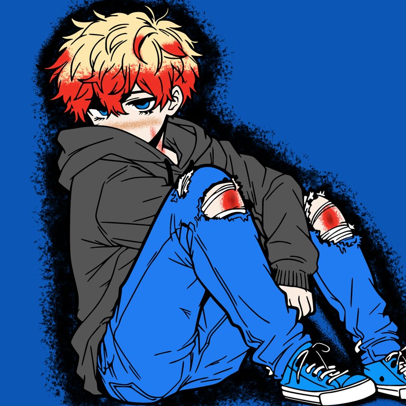 a male hoddie ripped jeans messy hair anime