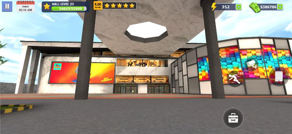Mall & Fast Food Simulator 3D - Exterior view of a shopping mall entrance in Mall and Fast Food Simulator 3D.