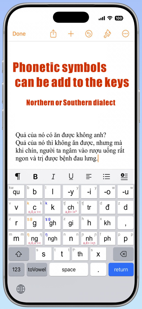 A smartphone screen displaying the NguyenKey Vietnamese keyboard interface with phonetic symbols and dialect options for users.