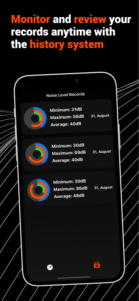 Noise Level: dB tracker - A history screen of the Noise Level app showing recorded decibel measurements including minimum maximum and average values