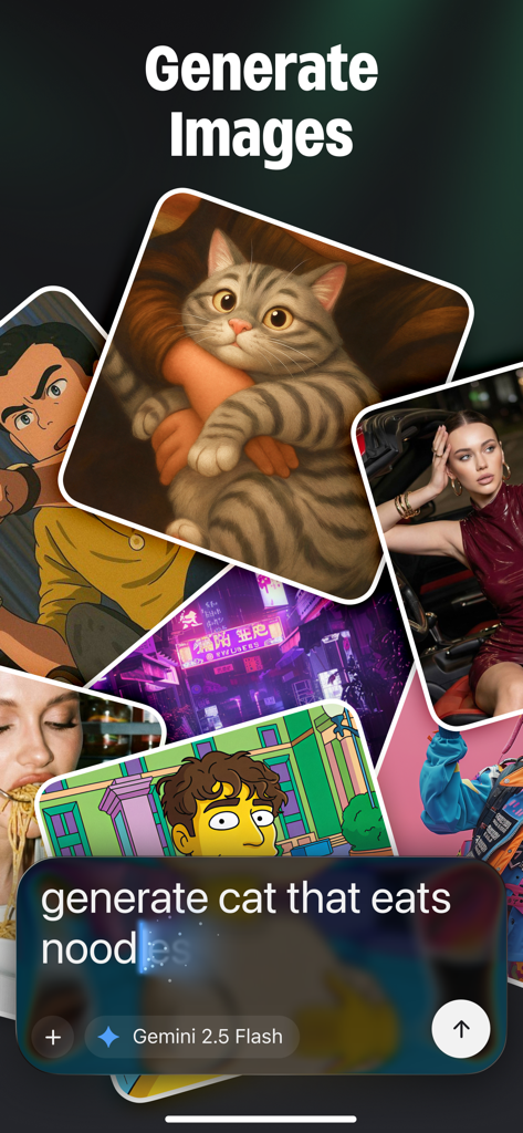 Interface de l'application ChatGO démontrant la génération d'images par IA avec différents styles et une invite pour un chat mangeant des nouilles