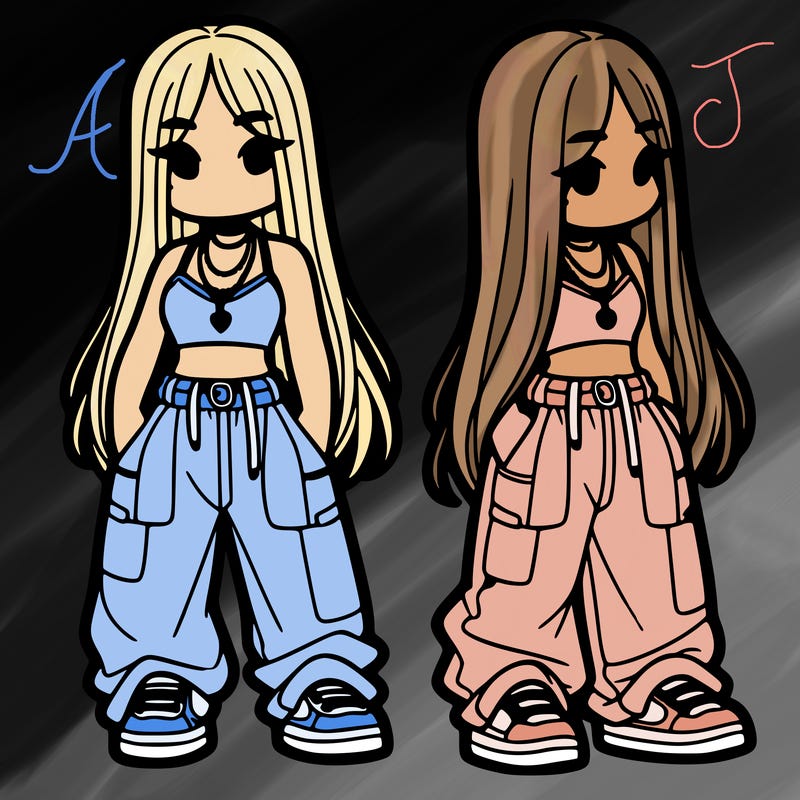 girl in baggy pants crop top and long hair