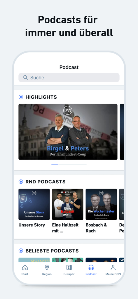 Schermata di un'app mobile che mostra una selezione di podcast inclusi highlight e originali RND in tedesco.