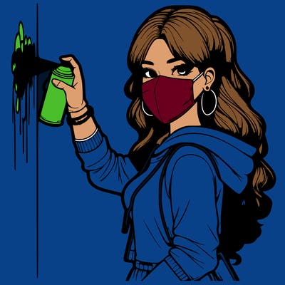 realistic girl with mask spray painting a wall
