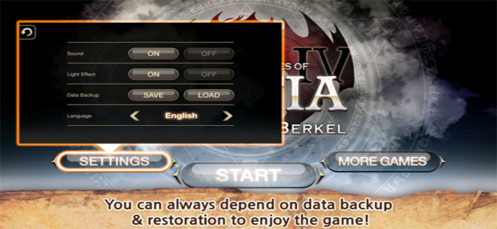 Inotia 4 PLUS - Inotia 4 PLUS game settings screen showing data backup and language options