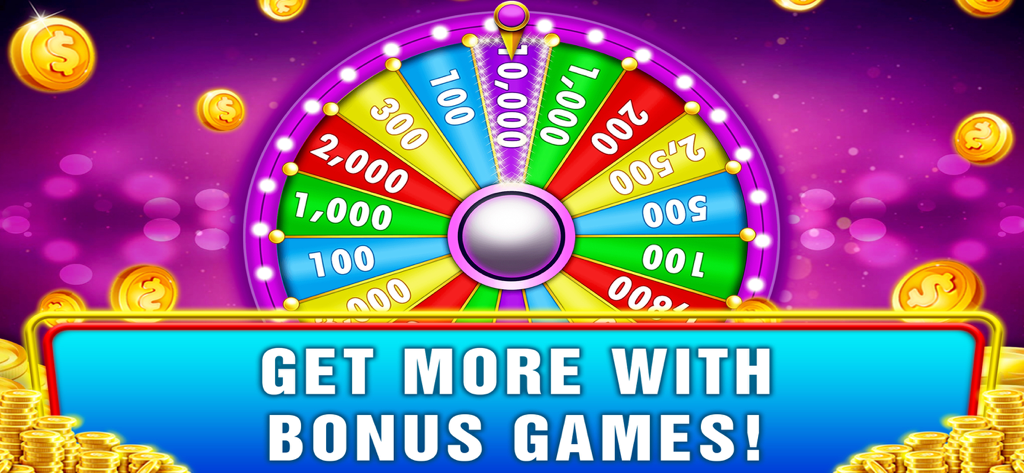 ビンテージスロットアプリのカラフルな賞品ホイール。ボーナスゲームでさらに獲得、と表示されています