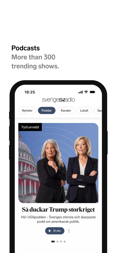 Sveriges Radio - Sveriges Radio app interface showing trending podcasts and the USApodden program.