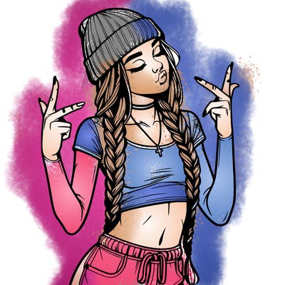 realistic teenage girl with braids and a beanie and crop top doing 🫶🏼