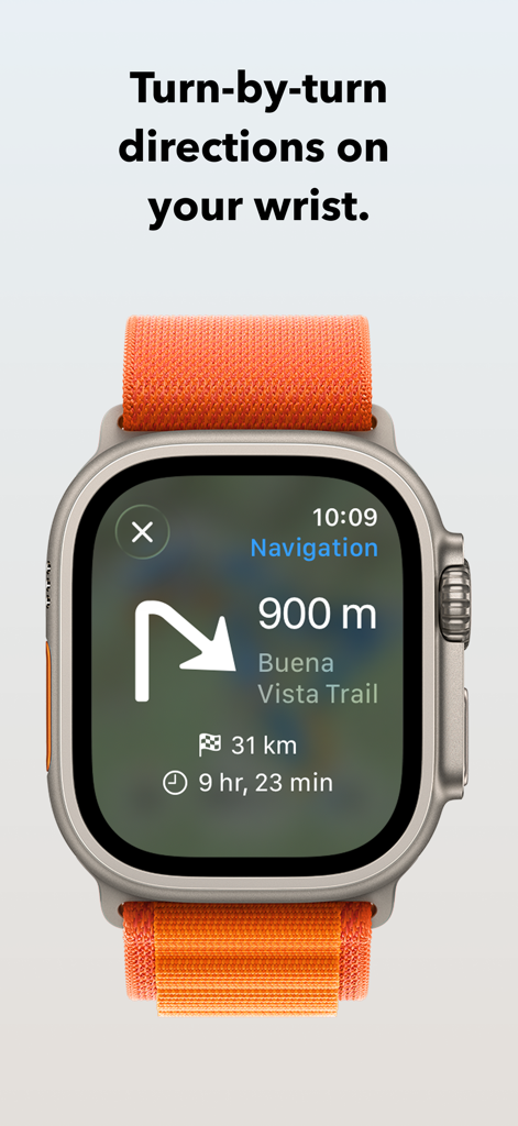 WristTopo: Offline Navigation - WristTopo app displaying turn-by-turn trail directions on an Apple Watch Ultra