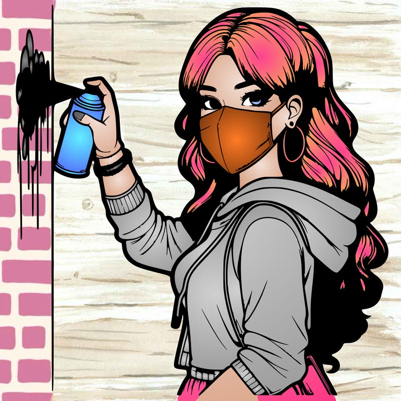 realistic girl with mask spray painting a wall